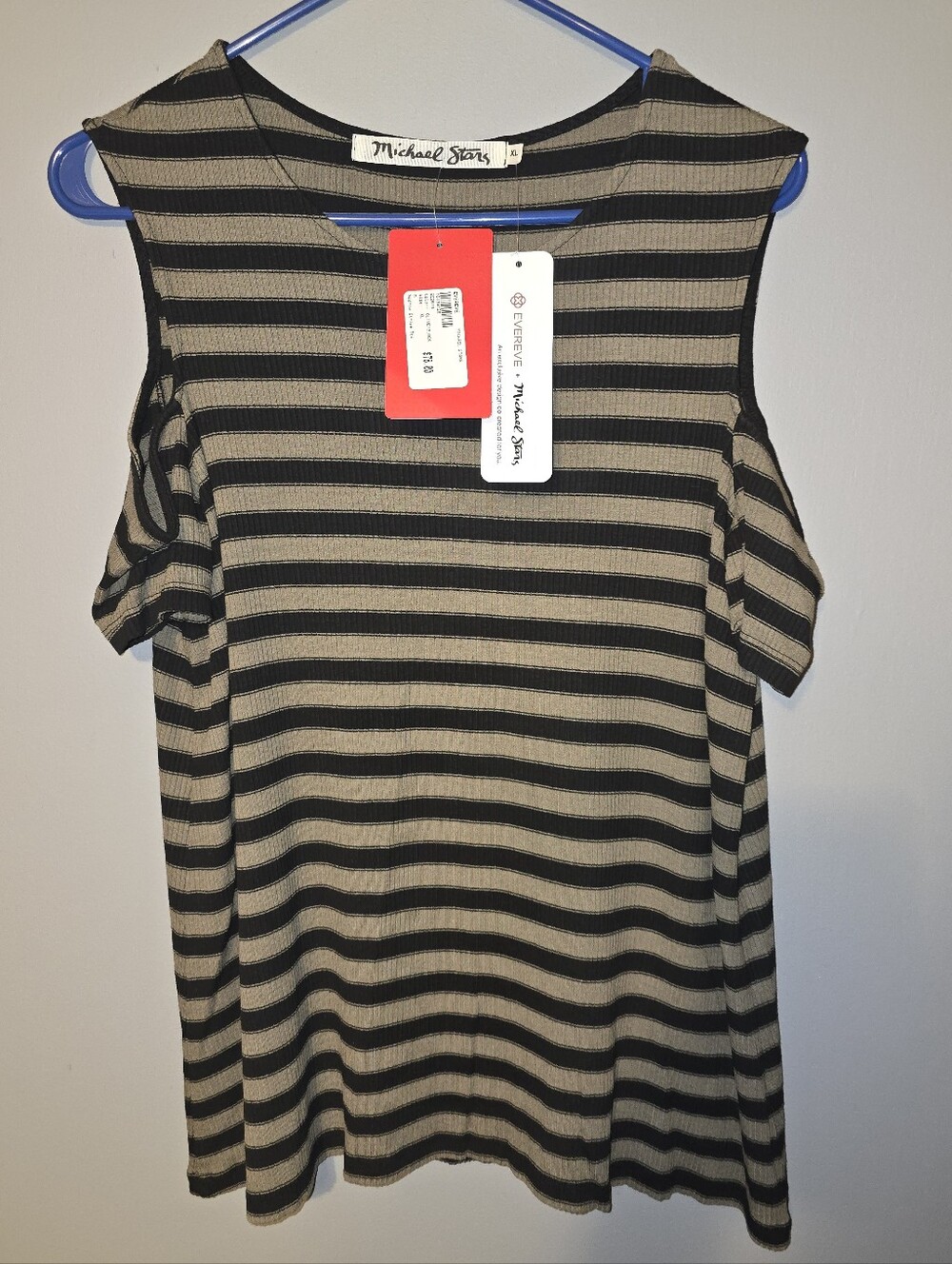 Michael Stars Black and Olive Green Striped Cold-Shoulder Top